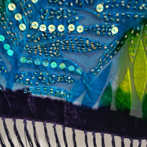Chico's Velvet Burnout Silk Blend Sequin Tropical Leaves Scarf With Fringe - Picture 3 of 8
